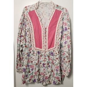 Woman Within Pink Floral Ruffle V-Neck Long Sleeve Button Front Tunic Blouse 2X